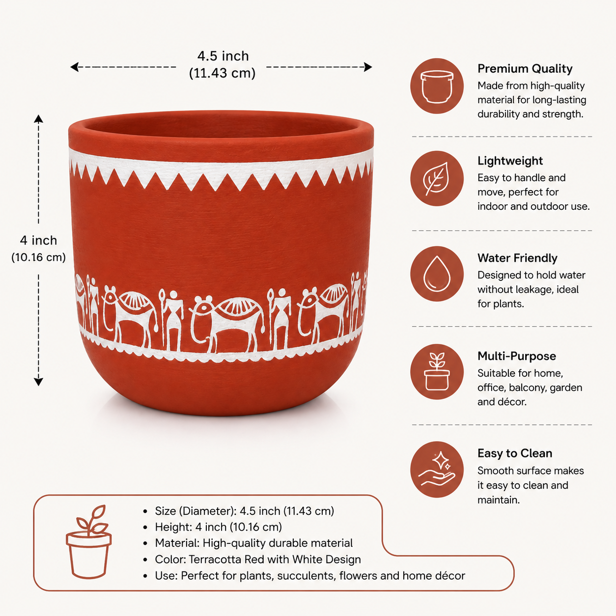 Terracotta Hand-Painted Planter Pot – Tribal Warli Art Design - Image 2